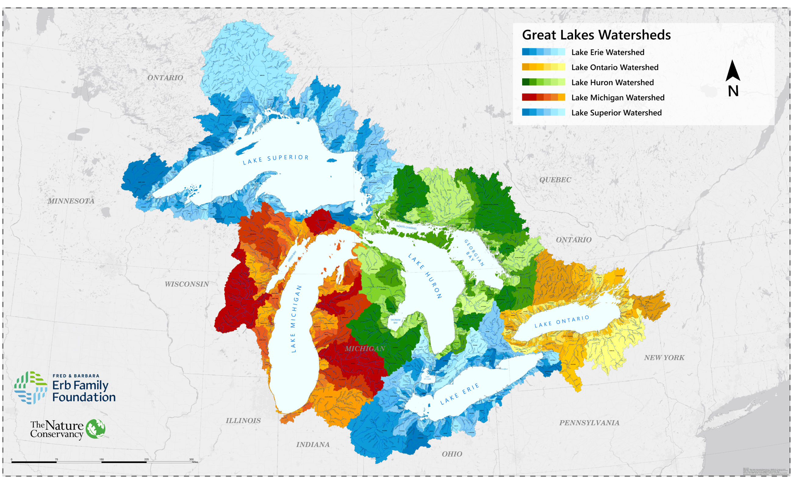 Color-coded map of the Great Lakes watersheds showing drainage areas for each of the five Great Lakes