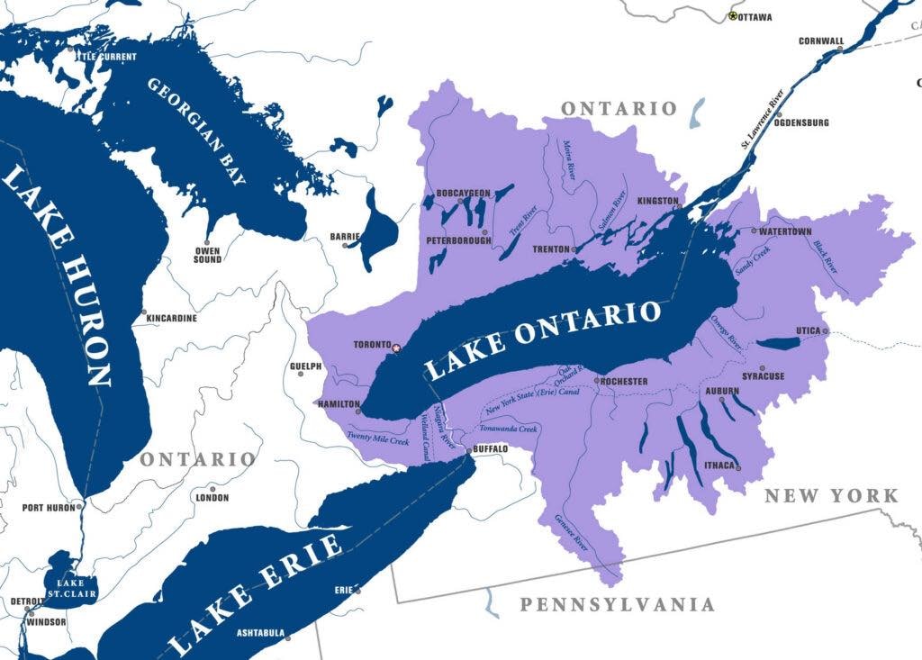 Map of the Lake Ontario watershed showing drainage basin, tributaries, and surrounding regions